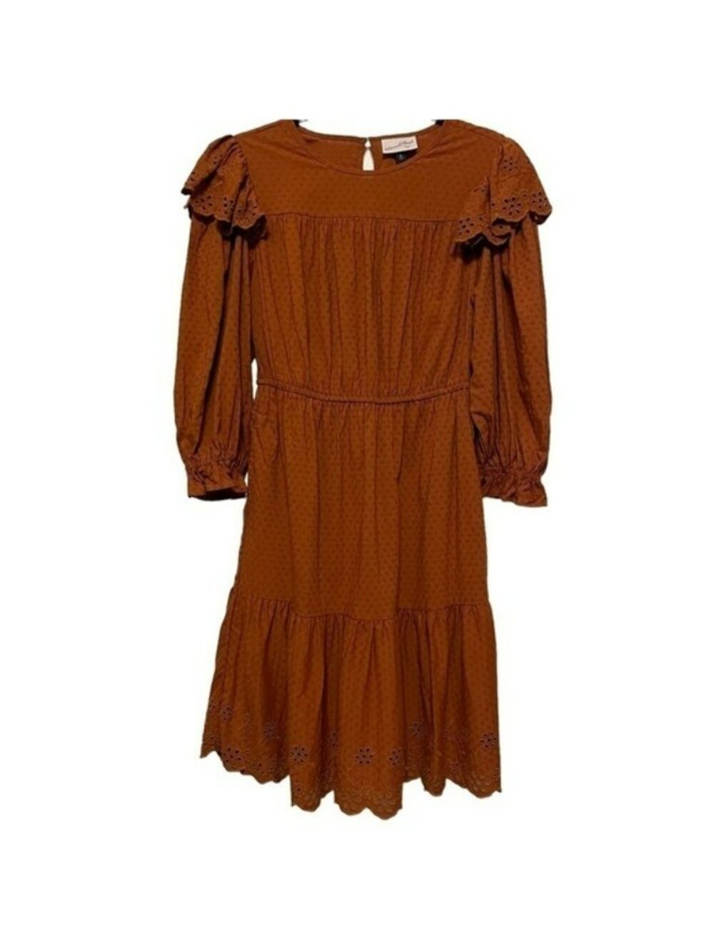 Universal Thread Dress Size M Brown Eyelet Prairie Ruffles Pockets Boho Cottage